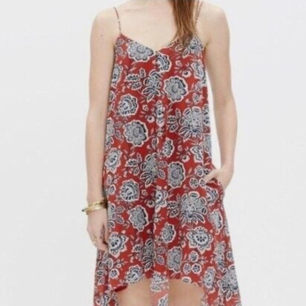 Madewell Red Cami Trapeze Italian Floral Silk Flowy Dress size XS